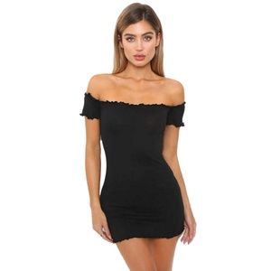 Black Ribbed Off Shoulder Bodycon Mini Dress